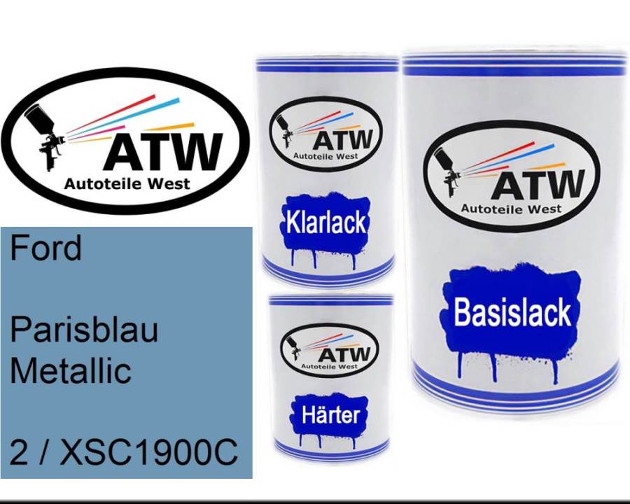 Ford, Parisblau Metallic, 2 / XSC1900C: 500ml Lackdose + 500ml Klarlack + 250ml Härter - Set, von ATW Autoteile West.